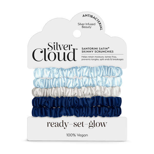 Silver Cloud Santorini scrunchies 5 pack, imported from the UK