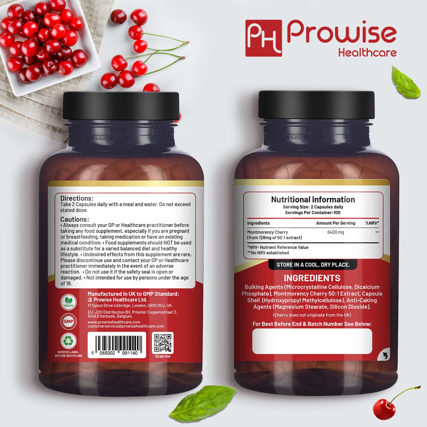 Prowise Healthcare Montmorency Cherry supplement 6400mg 200 capsules, imported from the UK