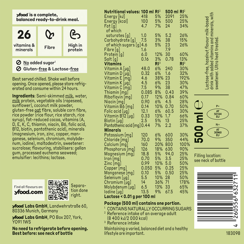 Yfood heavenly hazelnut meal drink 6x500ml - British product