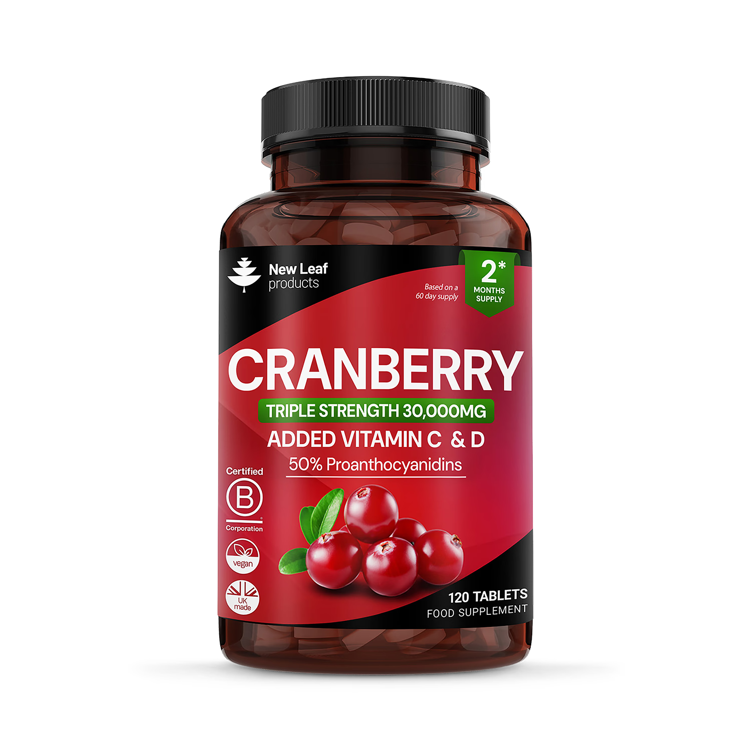 New Leaf Products cranberry vitamin C and D tablets 120 count, British brand