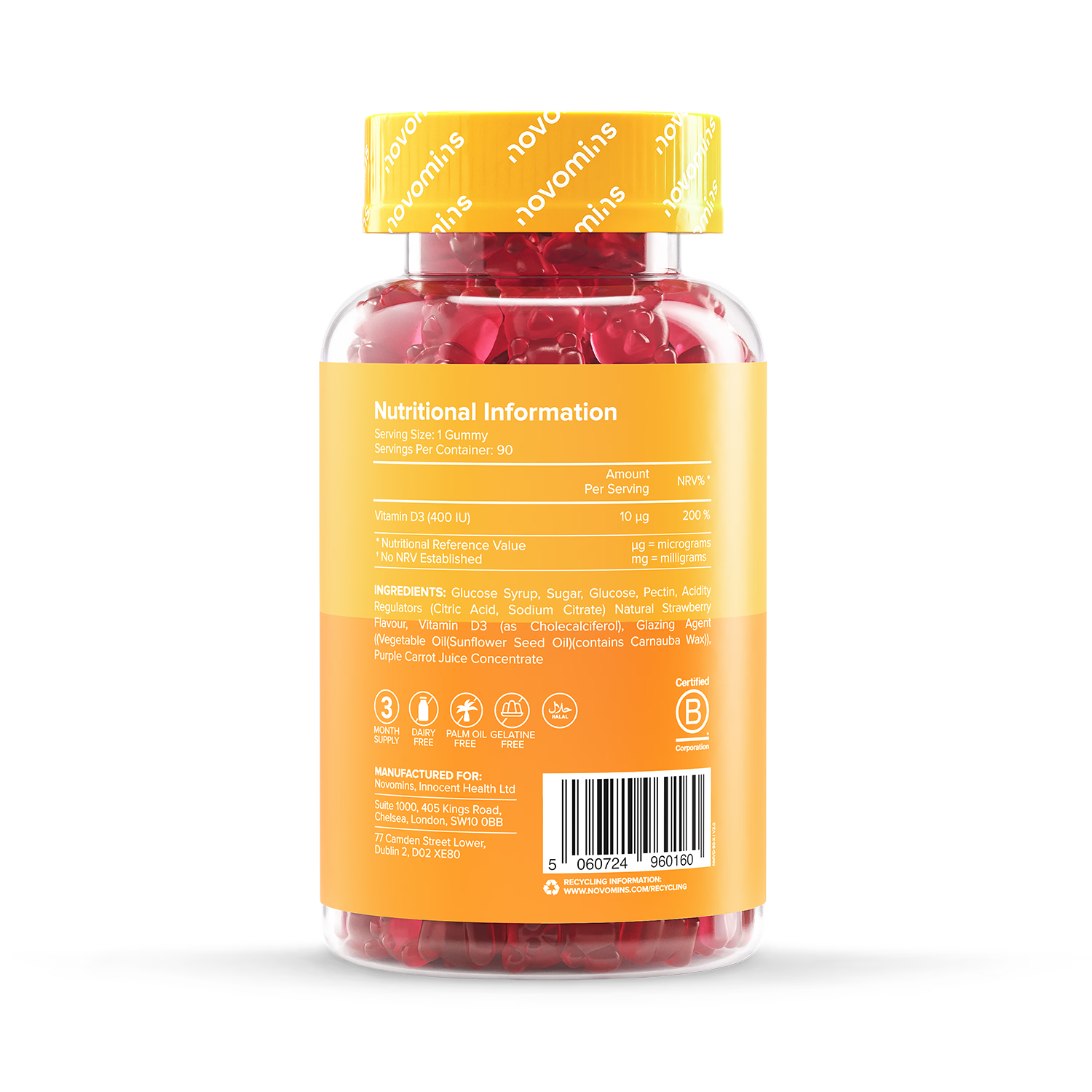 Novomins kids vitamin D3 gummies strawberry 90 gummies, imported from the UK