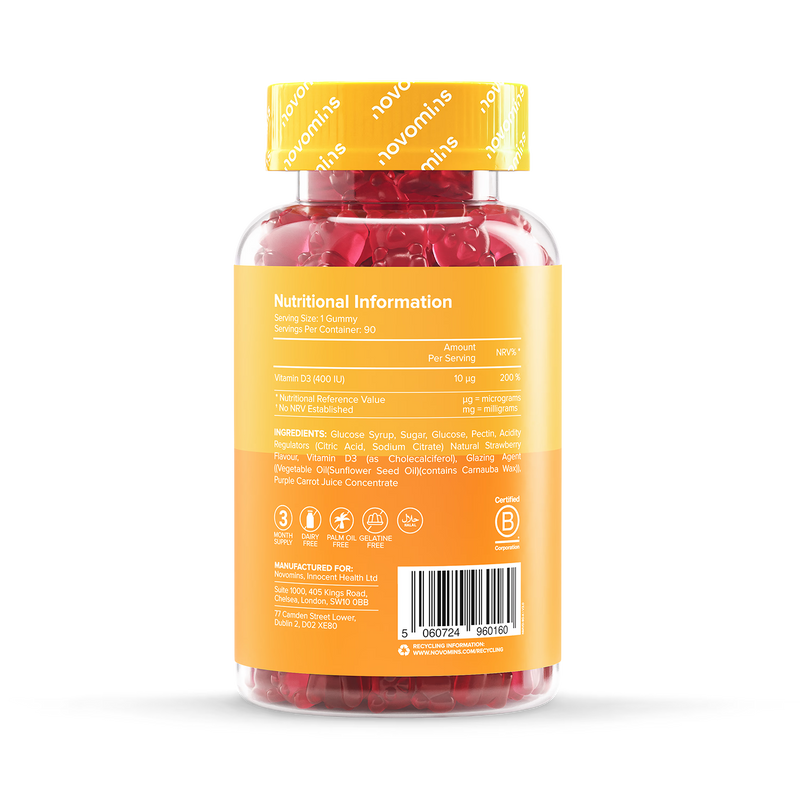 Novomins kids vitamin D3 gummies strawberry 90 gummies, imported from the UK