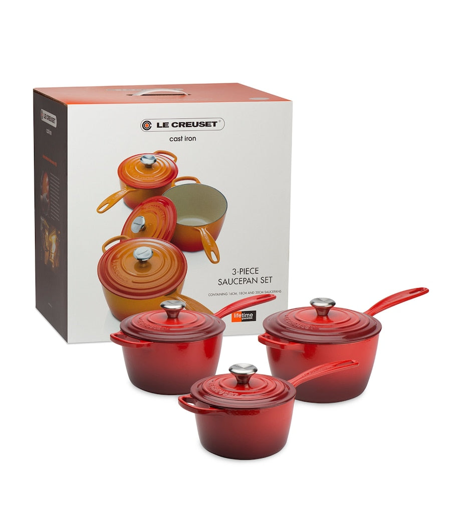 Le Creuset cast iron saucepan set of 3, UK version