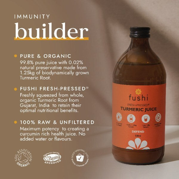 Fushi Turmeric Juice cold-pressed Ayurvedic tonic 500ml, imported from the UK