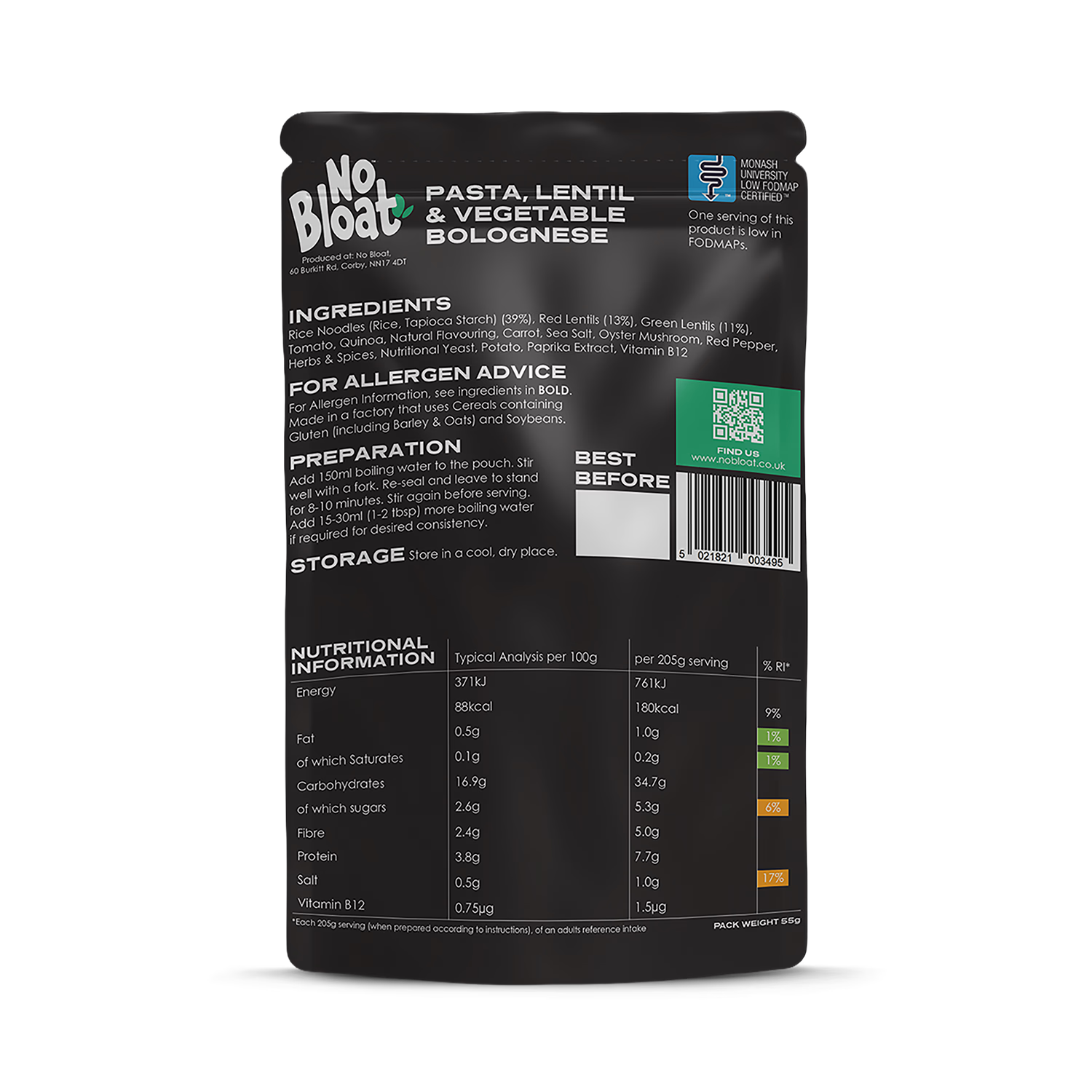No Bloat pasta bolognese meal pouches 4x50g - British product