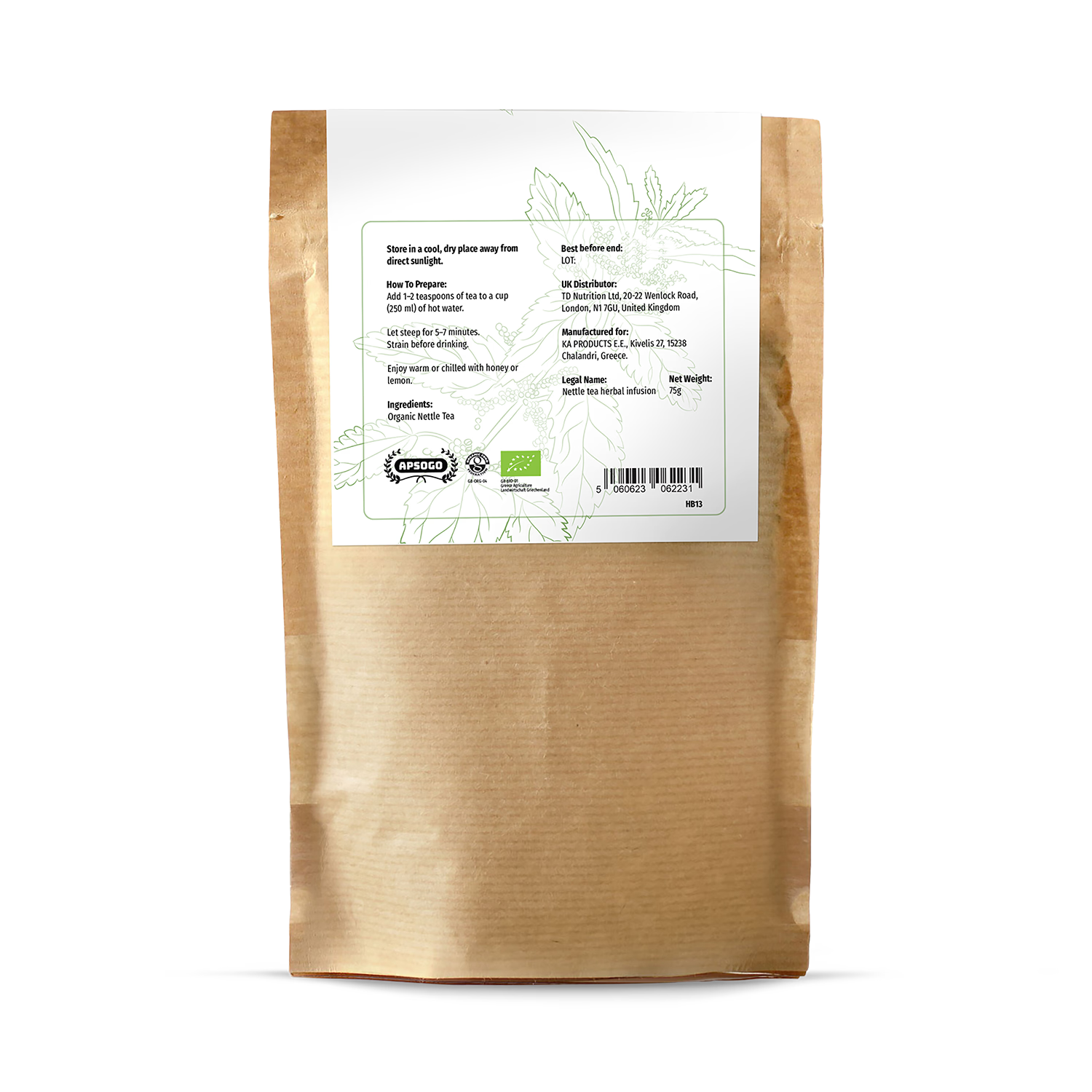 APSOGO organic nettle leaf tea loose leaf 75g, imported from the UK