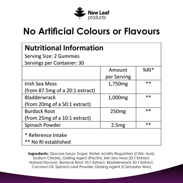New Leaf sea moss gummies burdock root bladderwrack 60 count (British brand)