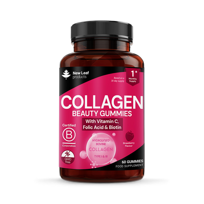 Holland & Barrett New Leaf Products Collagen Beauty Gummies with Vitamin C, Folic Acid & Biotin Strawberry Flavour 60 Gummies- Buy online at McGrocer