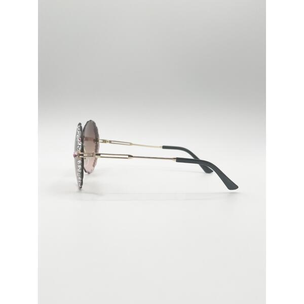 SVNX oversized round frameless sunglasses with gold frame and brown lenses - British product