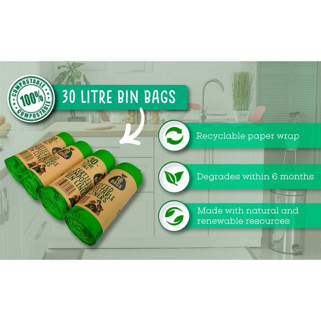 Eco Green Living Certified Compostable 30L Bin Bags   18 per pack