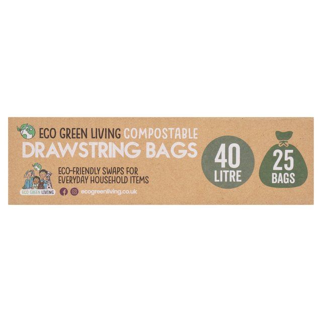 Eco Green Living Certified Compostable 40L Heavy Duty Drawstring Bin Bags   25 per pack