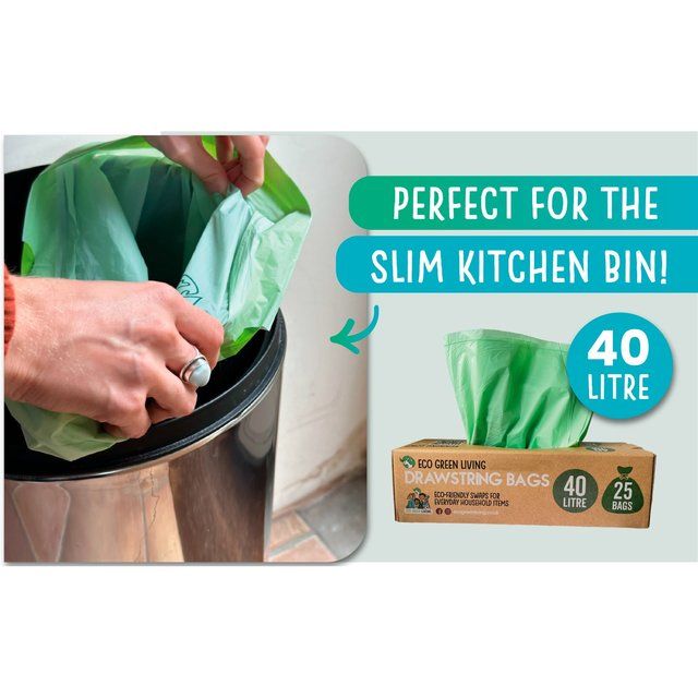 Eco Green Living Certified Compostable 40L Heavy Duty Drawstring Bin Bags   25 per pack