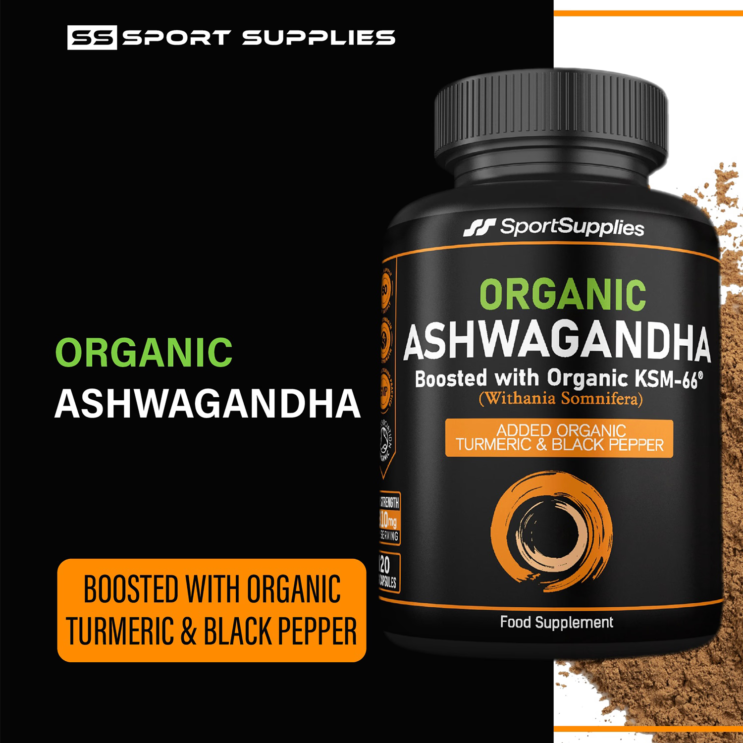 Organic Ashwagandha supplement with KSM-66 and Turmeric capsules, UK version
