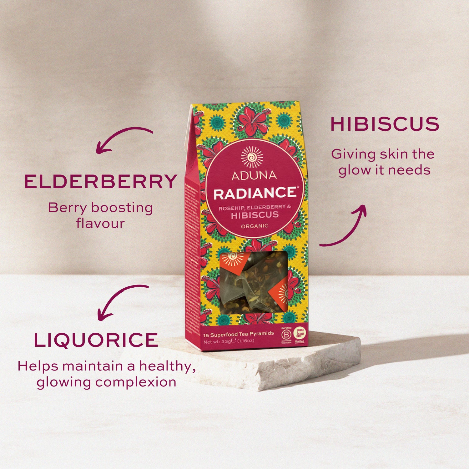 Aduna Radiance Superfood Hibiscus tea 15 tea bags, UK version