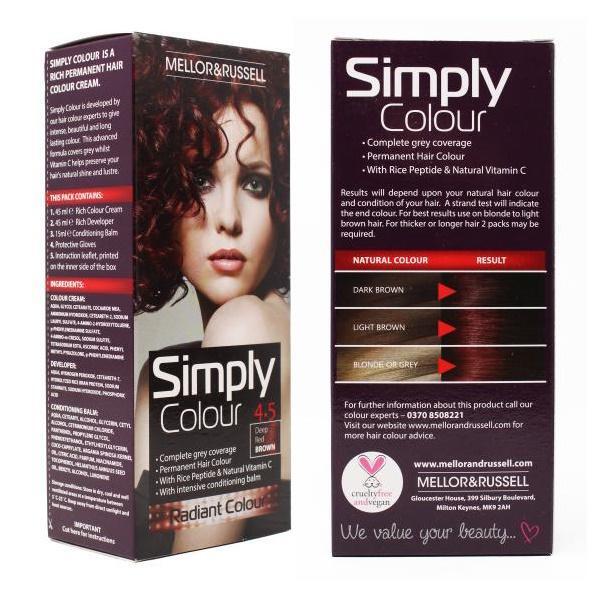 Simply Colour permanent hair dye deep red brown 4.5 UK version