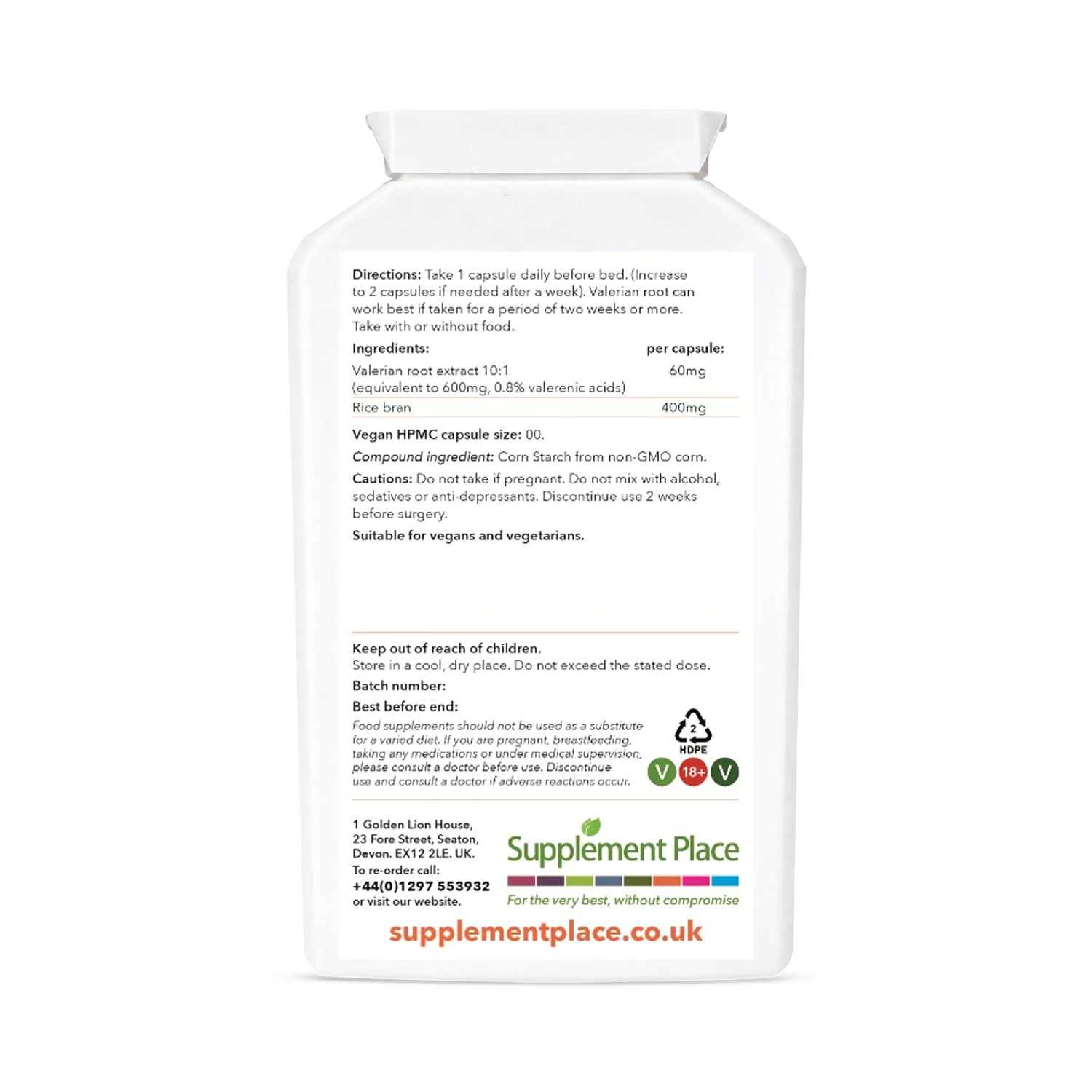 Supplement Place valerian root capsules 600mg 120 count, imported from the UK