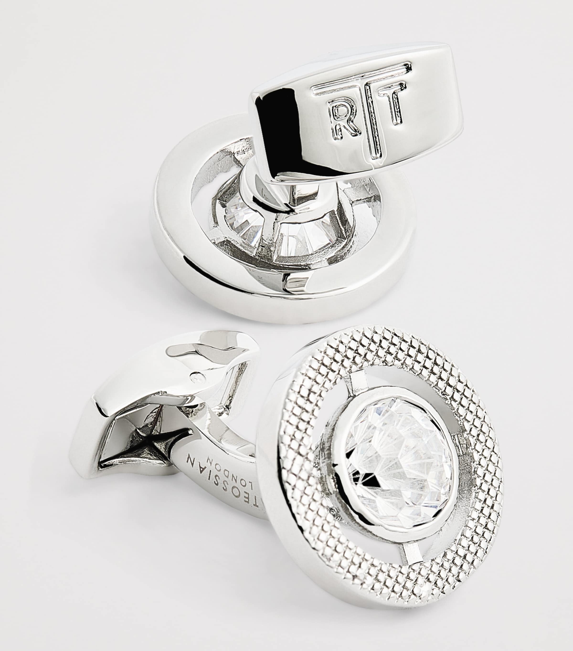 Tateossian rhodium-plated cubic zirconia halo round cufflinks (British brand)