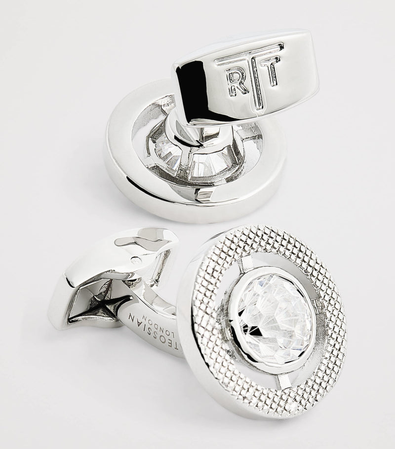 Tateossian rhodium-plated cubic zirconia halo round cufflinks (British brand)