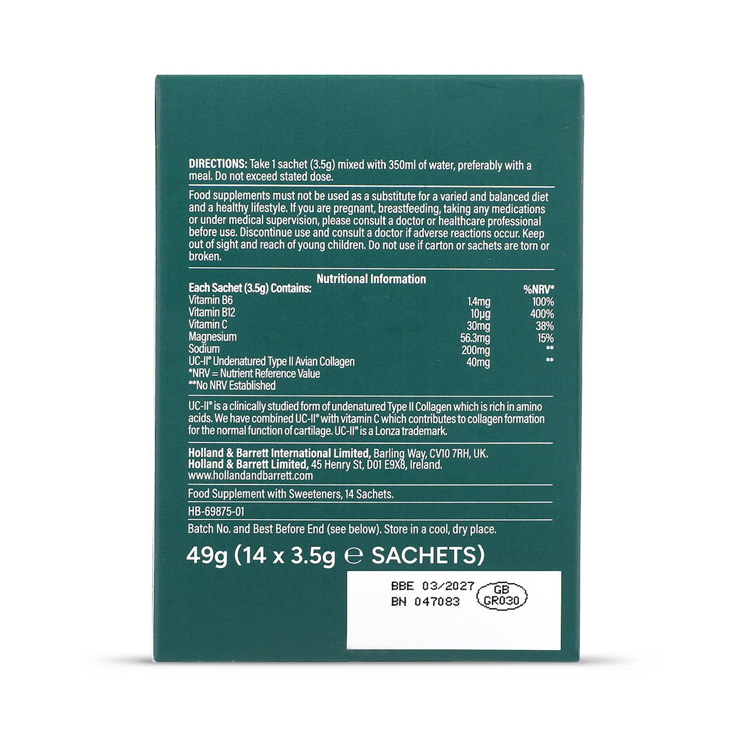 Holland & Barrett UC-II collagen powder Orange Flavour 14 Sachets, UK version