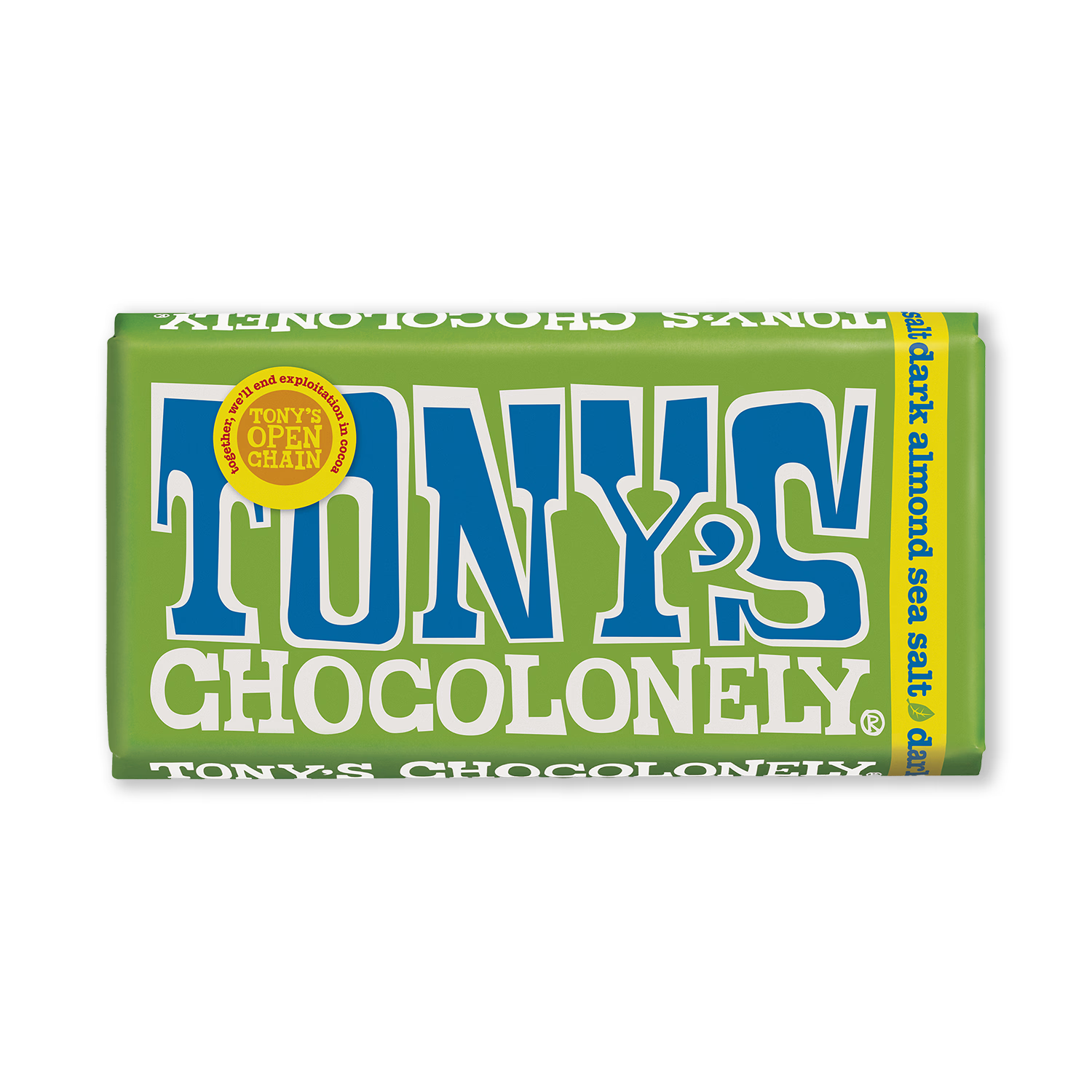 Tony's Chocolonely dark chocolate almond sea salt 180g, UK version