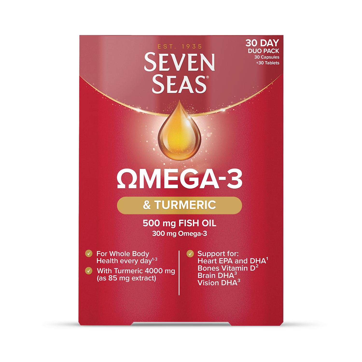 Seven Seas Omega-3 Turmeric supplement 30 tablets & 30 capsules, UK version