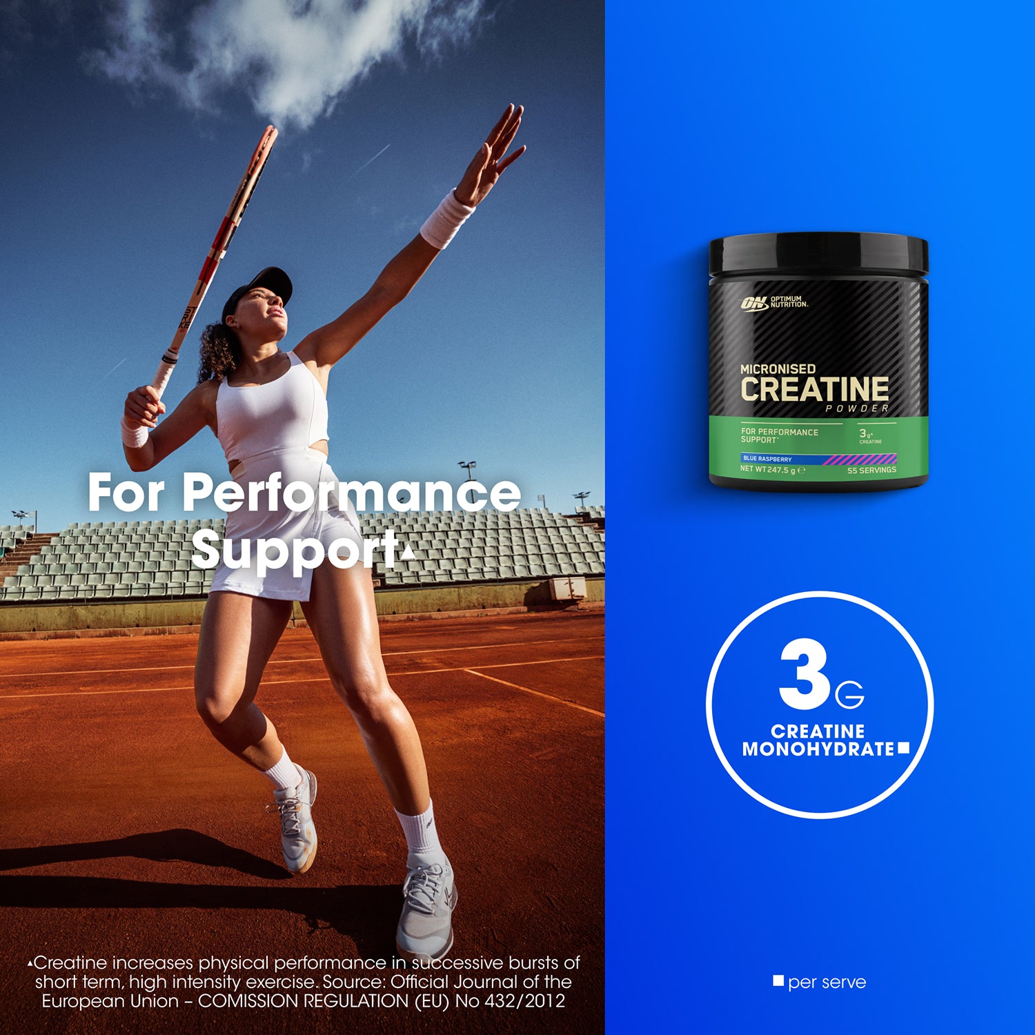 Optimum Nutrition creatine monohydrate blue raspberry powder 360g, UK version