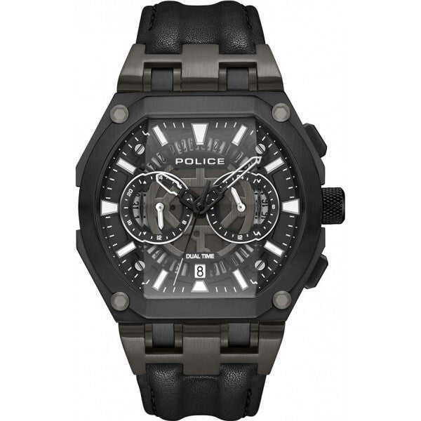 Police men's black shield watch with leather strap, UK version