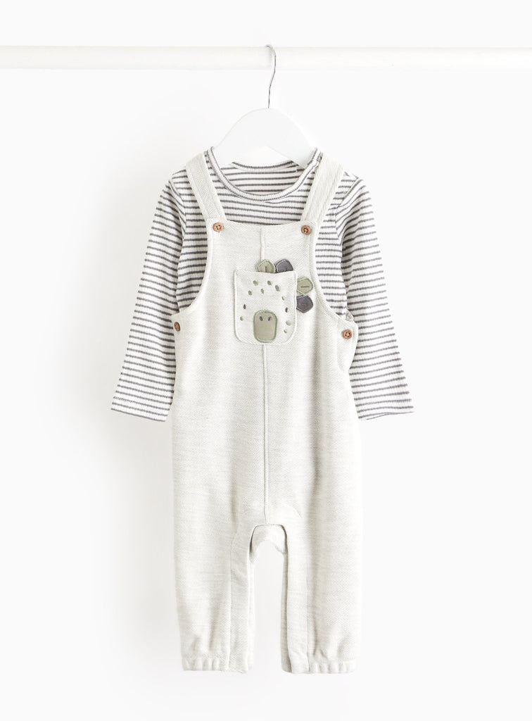 Stripe Bodysuit & Grey Dinosaur Dungarees Set 12-18 months