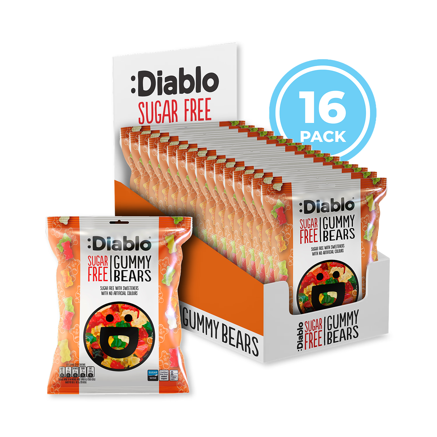 Diablo sugar free gummy bears 75g pack of 16 (British brand)