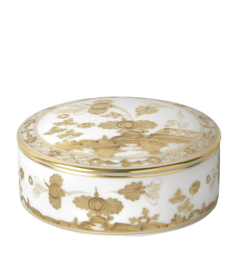 GINORI porcelain round trinket box with gold floral decoration, approx. 5.5cm x 13cm x 13cm, UK version