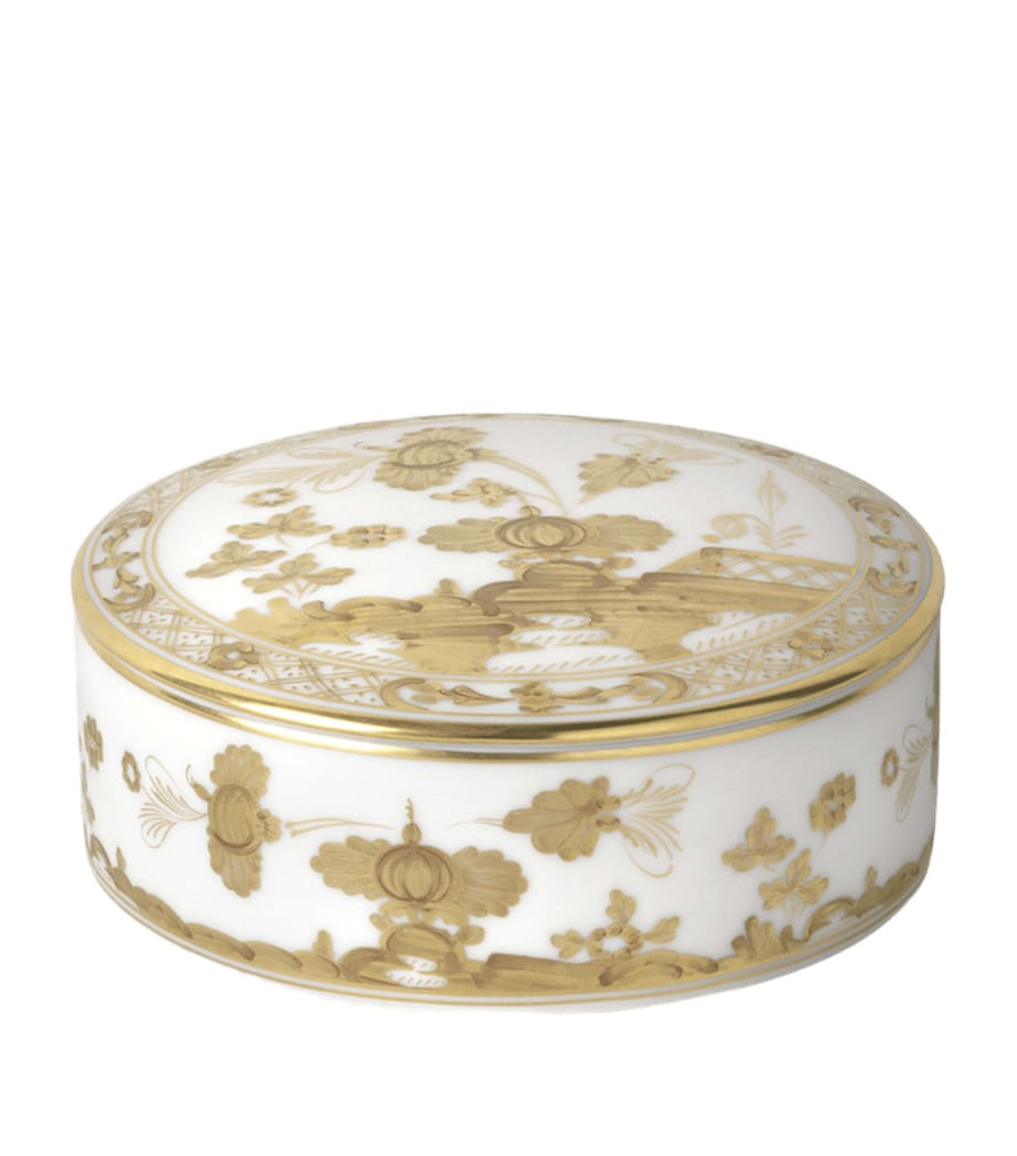 GINORI porcelain round trinket box with gold floral decoration, approx. 5.5cm x 13cm x 13cm, UK version