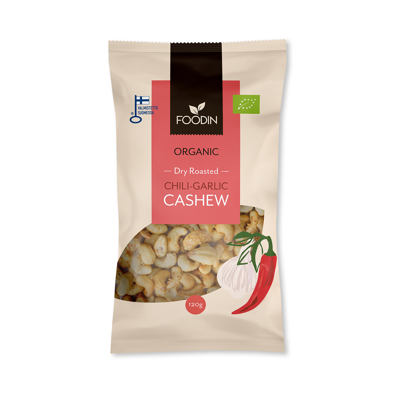 Organic chili-garlic cashew nuts 8x120g (British brand)