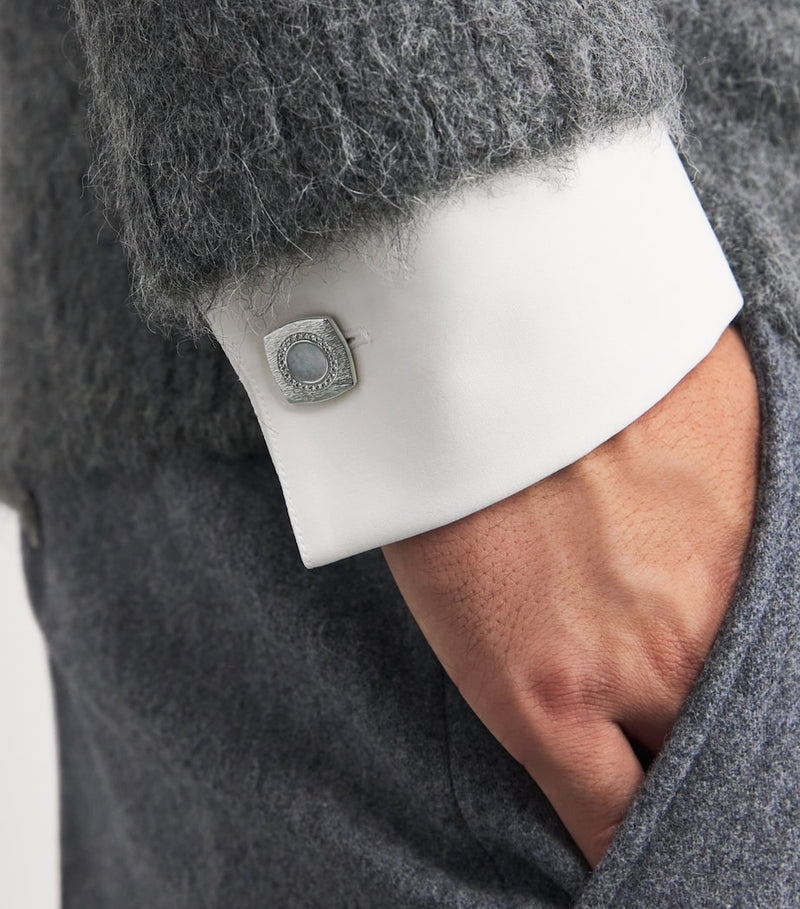 Tateossian Sterling Silver and Sapphire Graffiato Cufflinks (British brand)