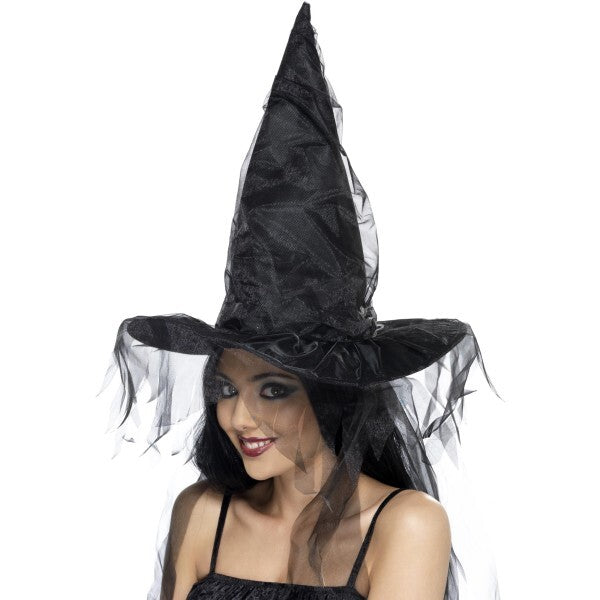 Smiffys witch hat with black netting, UK version