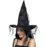 Smiffys witch hat with black netting, UK version