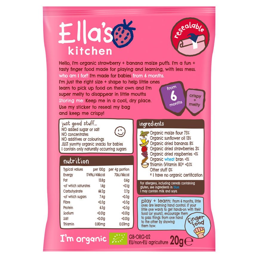 Ella's Kitchen Organic Strawberry and Banana Melty Puffs Baby Snack 6+ Months