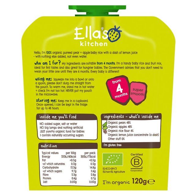 Ella's Kitchen Pear & Apple Baby Rice Baby Food Pouch 4+ Months   120g