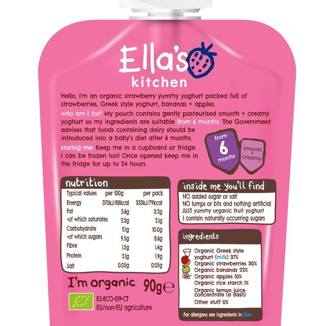 Ella's Kitchen Strawberry Greek Style Yoghurt Baby Food Pouch 6+ Months   90g