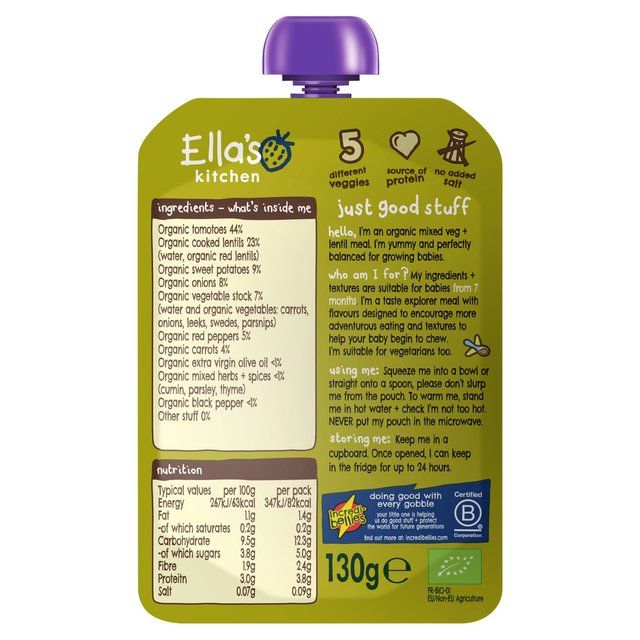 Ella's Kitchen Vegetable & Lentil Bake Baby Food Pouch 7+ Months   130g