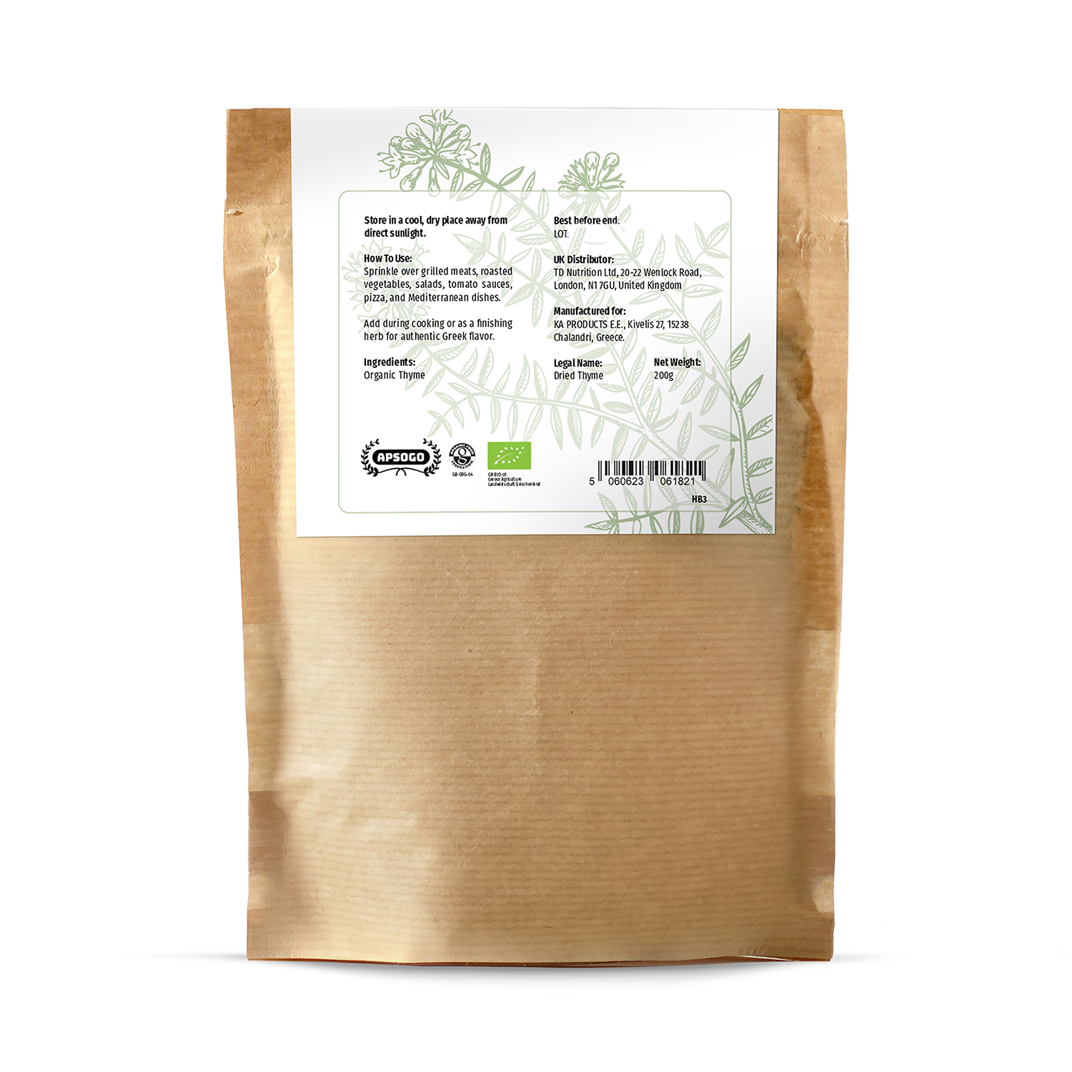 APSOGO organic dried thyme 200g (British brand)