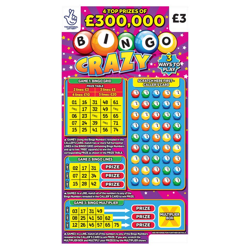 National Lottery £3 £300,000 Bingo Crazy Scratchcard Game GOODS ASDA   