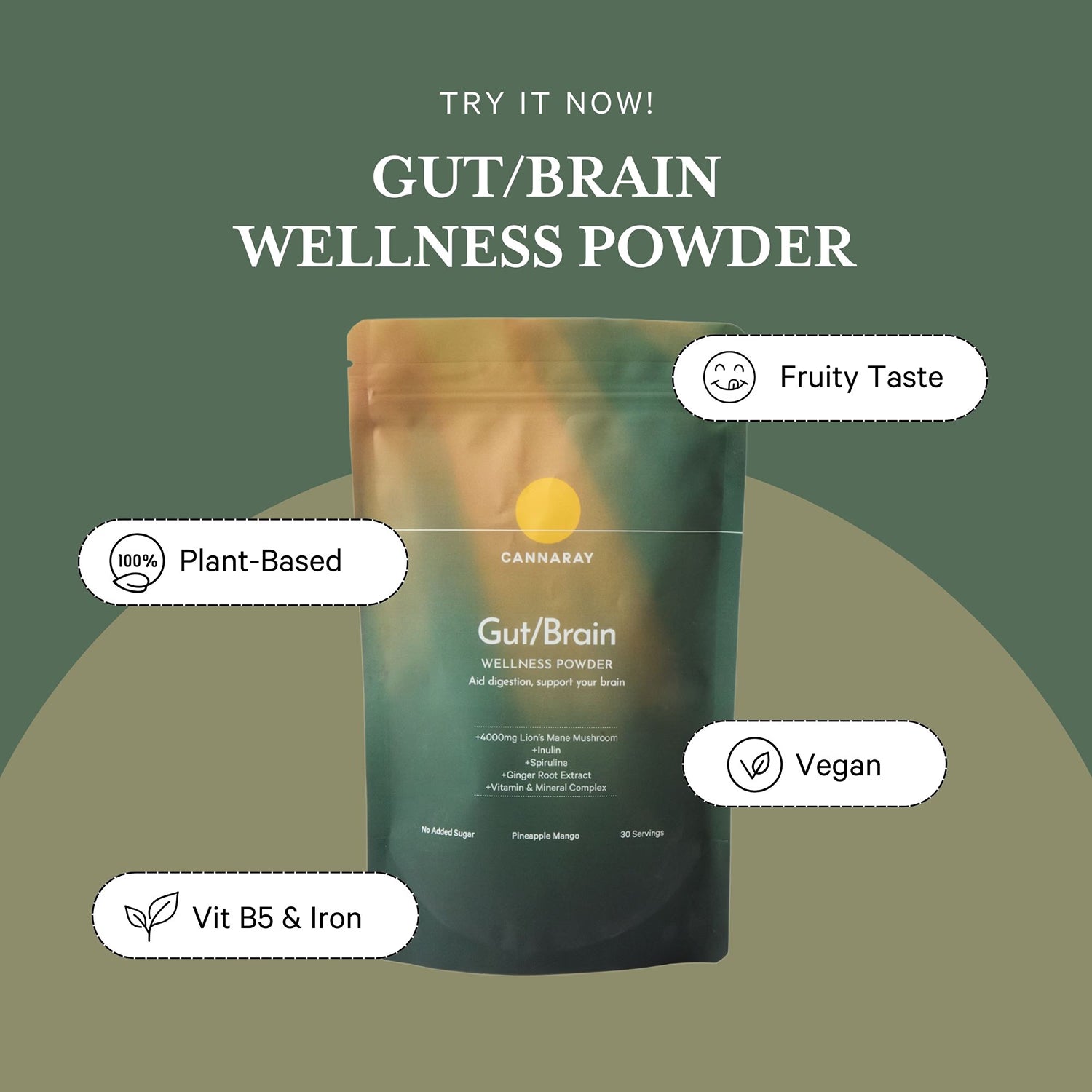 Cannaray gut brain wellness powder pineapple mango 150g, UK version