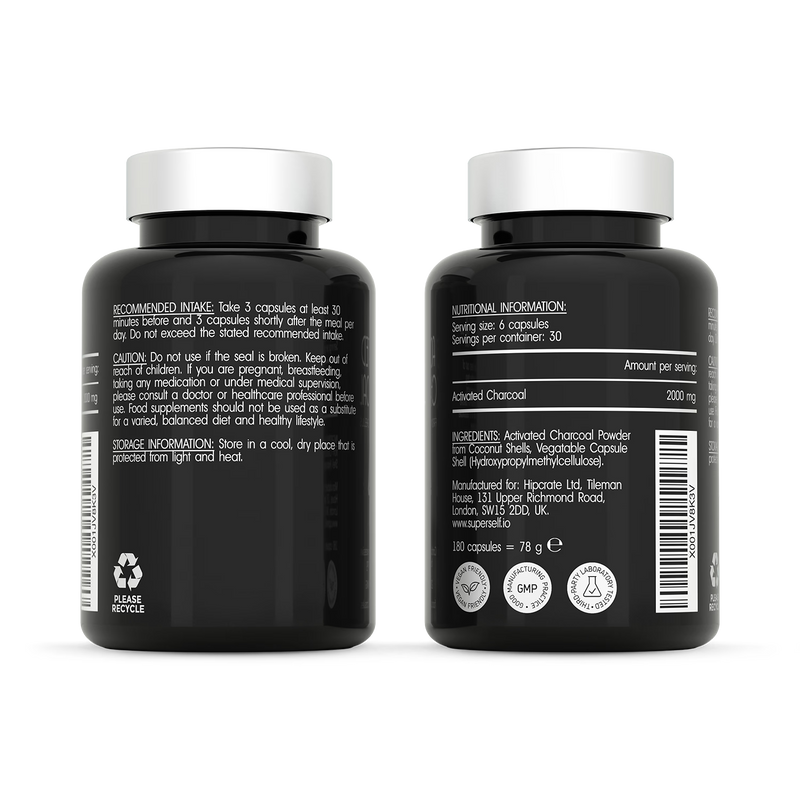 SuperSelf Activated Charcoal 2000mg 180 capsules - British product