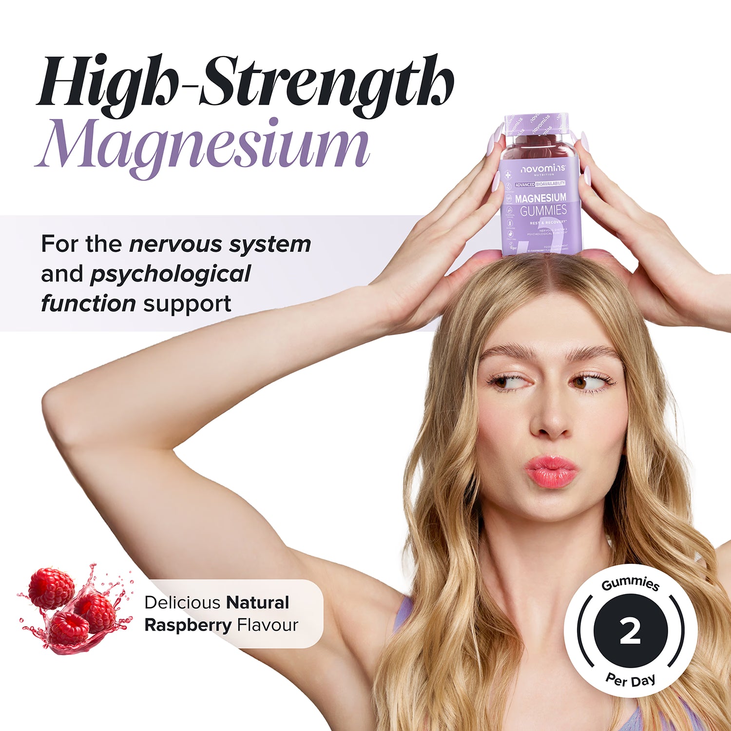 Novomins magnesium raspberry gummies 60 pack, imported from the UK