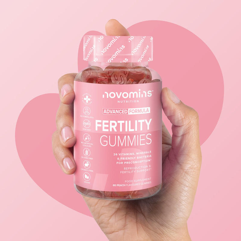 Novomins fertility gummies peach flavoured 60 count, imported from the UK