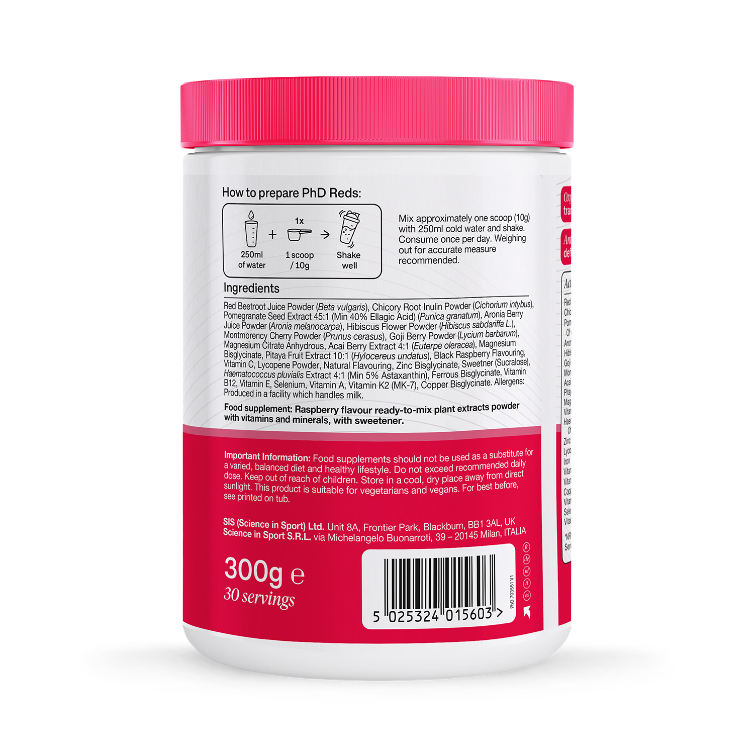 PhD Reds raspberry powder supplement 1000g, imported from the UK