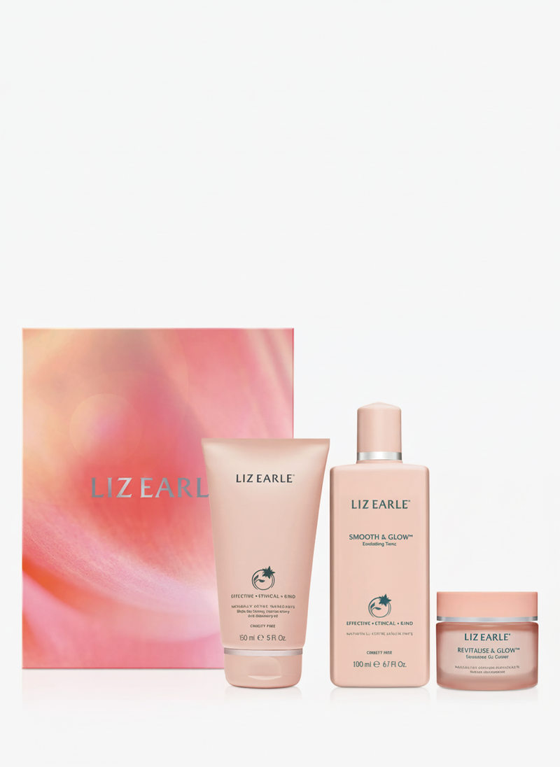 Radiant glow skincare gift set with gel cleanser, exfoliating tonic, and illuminating moisturiser, UK version