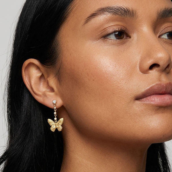 MUCHV gold drop earrings with butterfly charm, imported from the UK