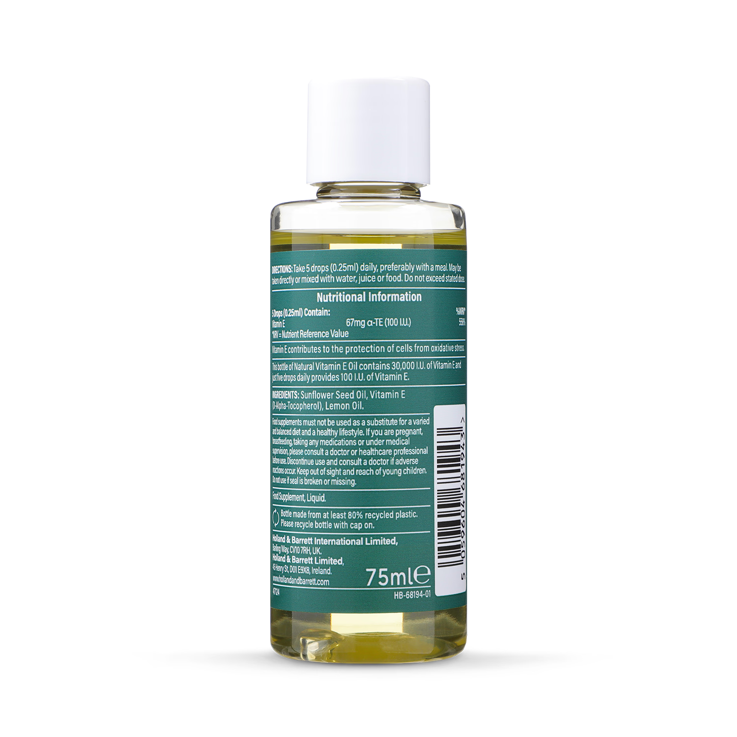 Holland & Barrett Vitamin E Oil Lemon 75ml, imported from the UK