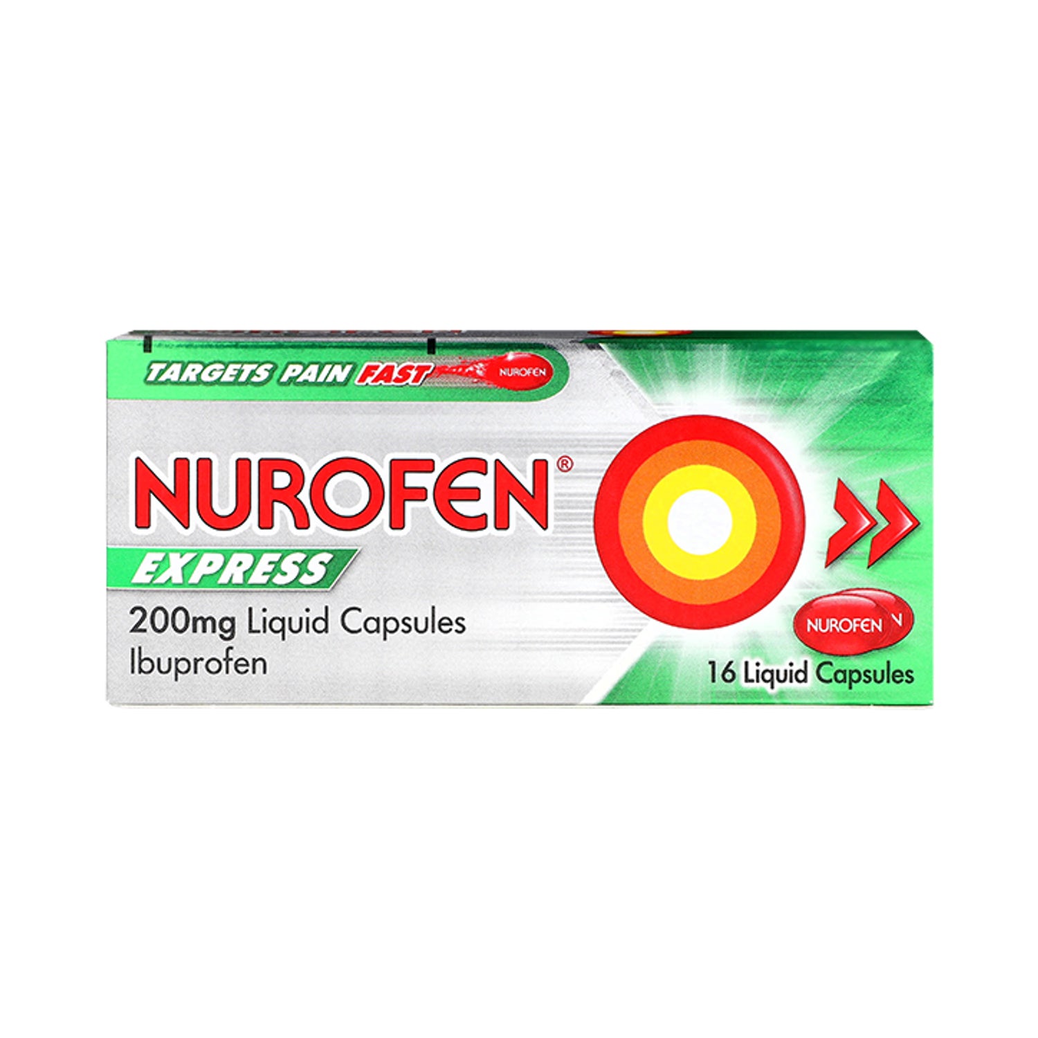 Nurofen Express 200mg liquid capsules 16 count, imported from the UK